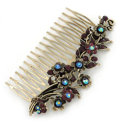 Vintage Inspired Deep Purple/ AB Swarovski Crystal 'Flowers' Side Hair Comb In • $22.38