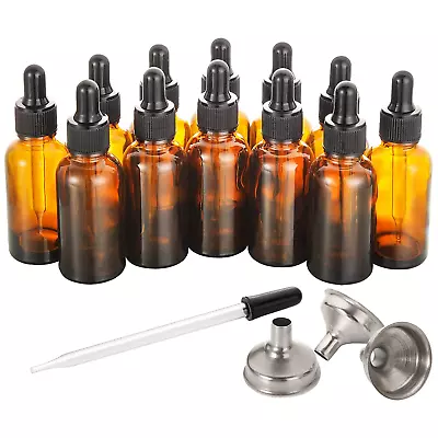 12 Pack 2 Oz Glass Dropper Bottle With 3 SS Funnels & 1 Long Eye Dropper - 60Ml • $16.49