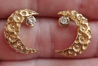 Vintage 14kt Yellow Gold & Diamond Crescent Shaped Stud Earrings - 4.6 Grams • $495