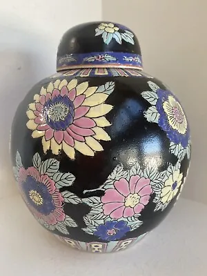 $24.99 • Buy Vintage Chinese Famille Noir Ginger Jar Lidded Temple Jar Floral