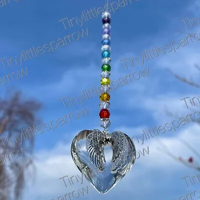 New Sun Catcher ~ 3D Angel Wings ~ Loss Memorial Keepsake Rainbow ~ Glass Heart • £10.95