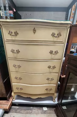 FML9006 Vtg Bassett French Provincial Creme 5 Drawer Tall Dresser W Glass Top • $199.99