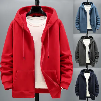 Men Fleece Zipper Hoodies Jacket Sweatshirt Cardigan Coat Solid Color Loose / • £20.89