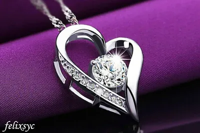 Crystal Heart Pendant 925 Sterling Silver Necklace Chain Women Jewellery Gift UK • £3.49