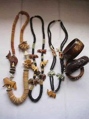 WOOD Animal Necklace LOT Bracelets Vintage Carved 6pc African Animals • $34