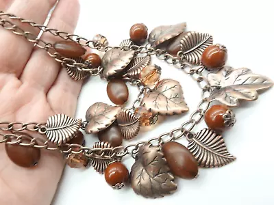 Brown Acrylic Beaded Leaf Dangle Copper Metal Double Chain Fall Necklace Vintage • $15.97