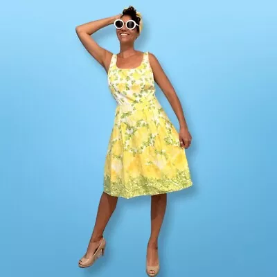 B Smart Yellow Floral Sleeveless V-Neck Fit Flare  Tea Cup  Dres Size 10 • $15