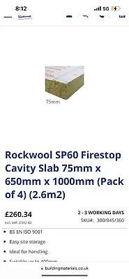 Rockwool SP60 Firestop Cavity Slab 75mm X 650mm X 1000mm (Pack Of 4) (2.6m2) • £150