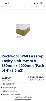 Rockwool SP60 Firestop Cavity Slab 75mm X 650mm X 1000mm (Pack Of 4) (2.6m2) • £188