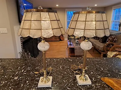 Pair Of Solid Brass/Cosmic Starburst Milk Glass/Marble/Capiz Shell Shade Lamps • $449.99