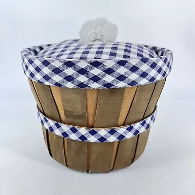 Vintage Lidded Bushel Basket Sewing Box With Insert Blue And White Gingham Check • $26.40