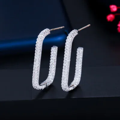 Cute CZ Ladies Micro Pave Geometric Rectangle Hoop Earrings 925 Silver Jewelry • $6.99