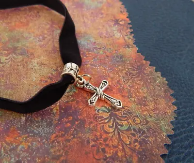 Cross Choker Necklace Handmade Adjustable Silver Black Velvet Ribbon Women • $12.99