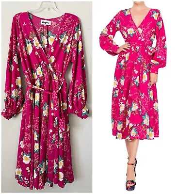 Meghan Los Angeles Lilypad Midi Dress In Lotus Cranberry XXL Long Sleeve Belted • $65