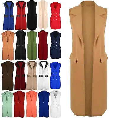 Women Ladies Sleeveless Long Duster Coat Collar Waistcoat Smart Blazer Plus Size • £13.49