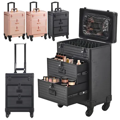 3 In 1 Makeup Trolley Case On Wheels Beauty Vanity Case Box Hairdressing Trolley • £59.95