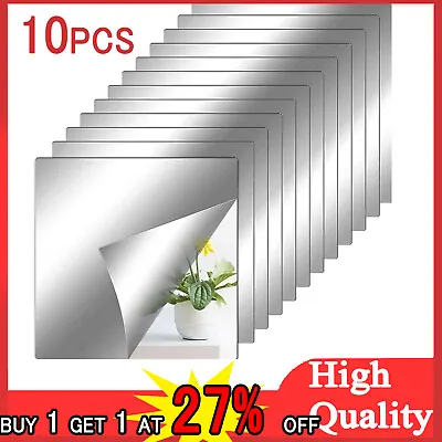 10Pack Mirror Tile Wall Sticker Square Self Adhesive Room Decor Stick On Art • £9.27