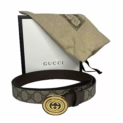 New Gucci Belt Men Brown Sz 115  42-46 GG Supreme & Leather Gold Buckle • $325