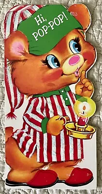 Unused Christmas Bear Pajamas Striped Flocked Vtg Greeting Card 1960s 1970s • $3.99