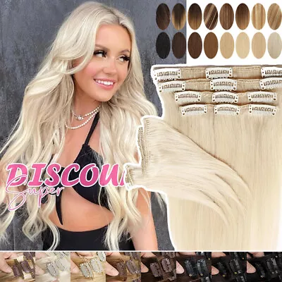 AAA Clip In Hair Extensions 100% Real Soft Human Hair Weft 8PCS Full Head Blonde • £70.33