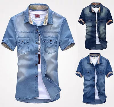 New Men's Jeans Short Sleeve Shirt Casual Slim Stylish Wash-Vintage Denim Shirts • $18.04