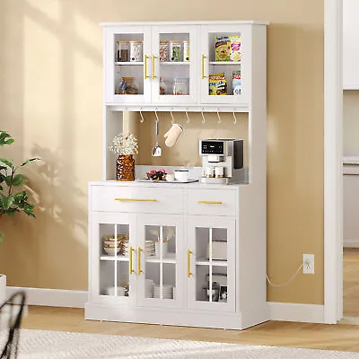 71'' Kitchen Pantry Hutch Storage Cabinet Cupboard With Glass Doors & Drawers • $205.78