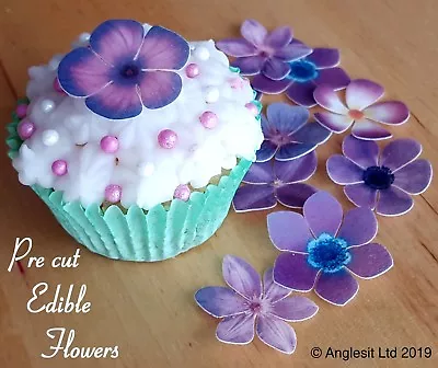 . Pre-cut Beautiful Purple Flowers Edible Wafer Paper Cup Cake Topper Decoration • £4.19