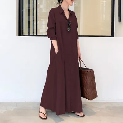 Women Long Sleeve Button Up Collar  A Line Maxi Dress Casual Loose Shirt Dresses • £18.99