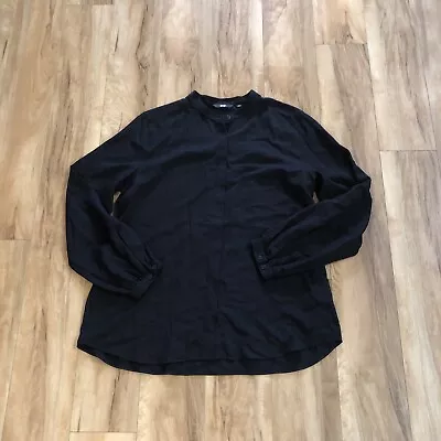 $24.50 • Buy Uniqlo Top Womens Size M Black Relaxed Fit Collarless Button Long Sleeve Blouse