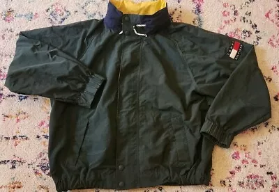 Vtg 1990s Tommy Hilfiger Large Spellout Windbreaker Hooded Jacket Mens XXL Green • $32