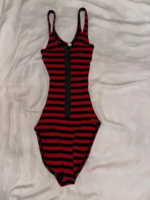 Vintage  Petite Womens Red And Black Striped Zip Up One Piece 70's XS • $35