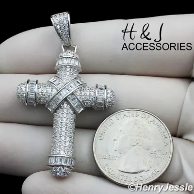 Men Solid 925 Sterling Silver Icy Bling Cz 3d Silver Cross Charm Pendant*asp232 • $43.99