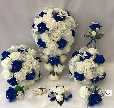 £3.50 • Buy Wedding Flowers Ivory Rose Royal Blue Bouquet Bride, Bridesmaid Flower-Girl Wand