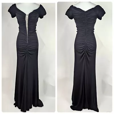 Marc Bouwer Glamiti Womens Jewel Beaded Ruched Halter Gown Black Size 8 • $59.99