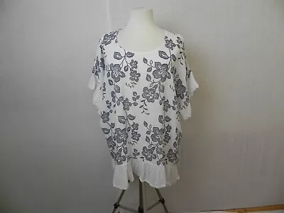 MADE IN ITALY Stunning White Blue Floral Oversized Cotton/linen Tunic Top OSFA • £4.99