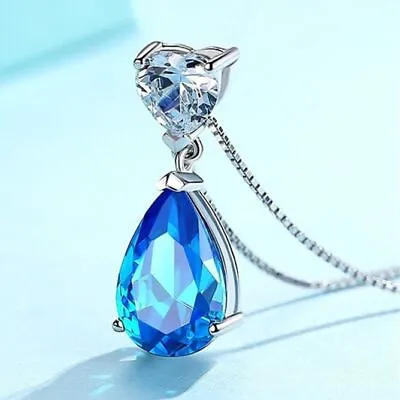 £3.49 • Buy 925 Sterling Silver Crystal Heart Water Drop Pendant Necklace  Womens Jewellery