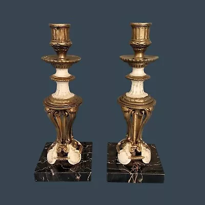 French Empire Style Marble And Brass Brass Candle Holder Vintage Set Of 2 • $55.25