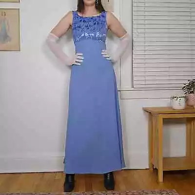 Blue Prom Maxi Dress Floral Velvet Burnout Babydoll Empire Vintage 90s Y2k • $78