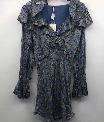 Free People Womens Blue Floral Bell Sleeve V-Neck Ruffle Mini Dress Size 8 • $9.99