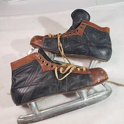 Vintage Hyde Leather Ice Hockey Skates Brown & Black 2-Tone Man Cave Size 12 • $70