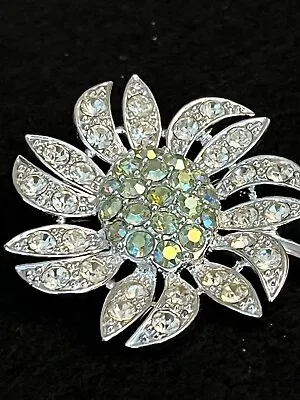 Vintage Sarah Coventry Flower Brooch In Silvertone With AB Stones • $18