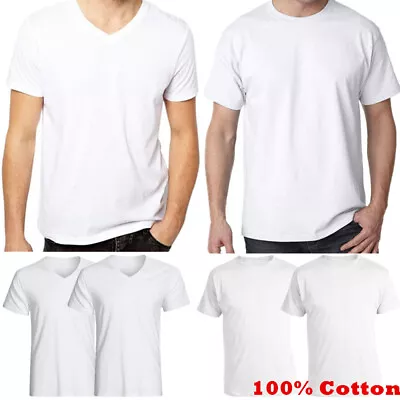 Mens 100% Cotton Thick Casual T-Shirt White Short Sleeve Tee Crew Neck V-Neck • $9.99