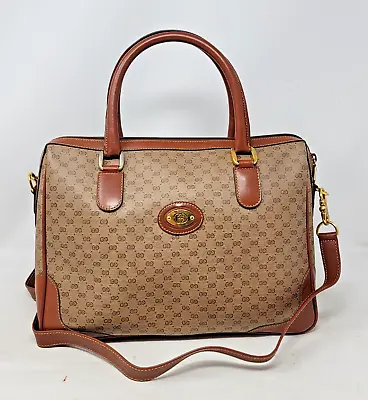 Gucci Micro GG Brown Canvas Leather Boston Medium Tote Shoulder Bag Vintage • $450