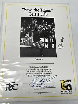 Super Rare Richmond Save The Tigers Certificate Out Skins Kevin Bartlett Signed • $350