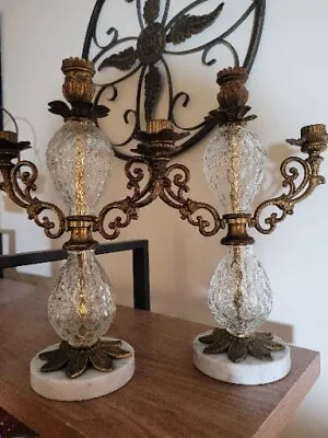 $60 • Buy Pair Of Vintage Marble Crystal And Brass Candelabras Made In Romania