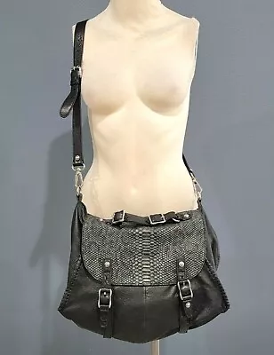$59 • Buy TREESJE Black Leather Snakeprint Medium Messenger Crossbody Purse 