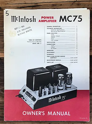 Mcintosh MC75 MC-75 Amplifier  Owner / User Manual *Original* • $69.97