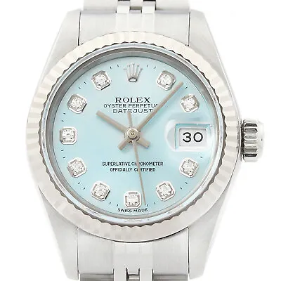 Rolex Ladies Datejust 69174 18K White Gold & Steel Ice Blue Diamond Dial Watch • $5630.66