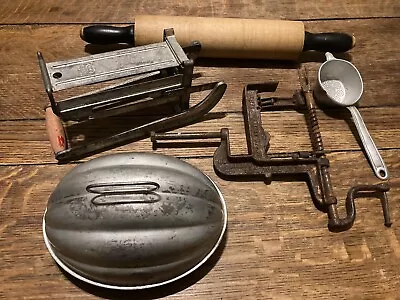 Vintage Kitchen Lot: Apple Peeler Pudding Mold Wooden Rolling Pin French Fry..++ • $7.50