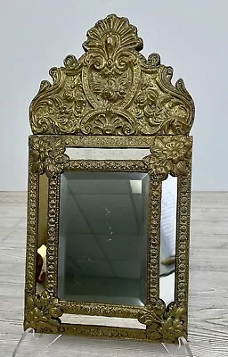 Antique French Cushion  Brass & Wood Repousse Beveled Glass Mirror Wedding /j • $455